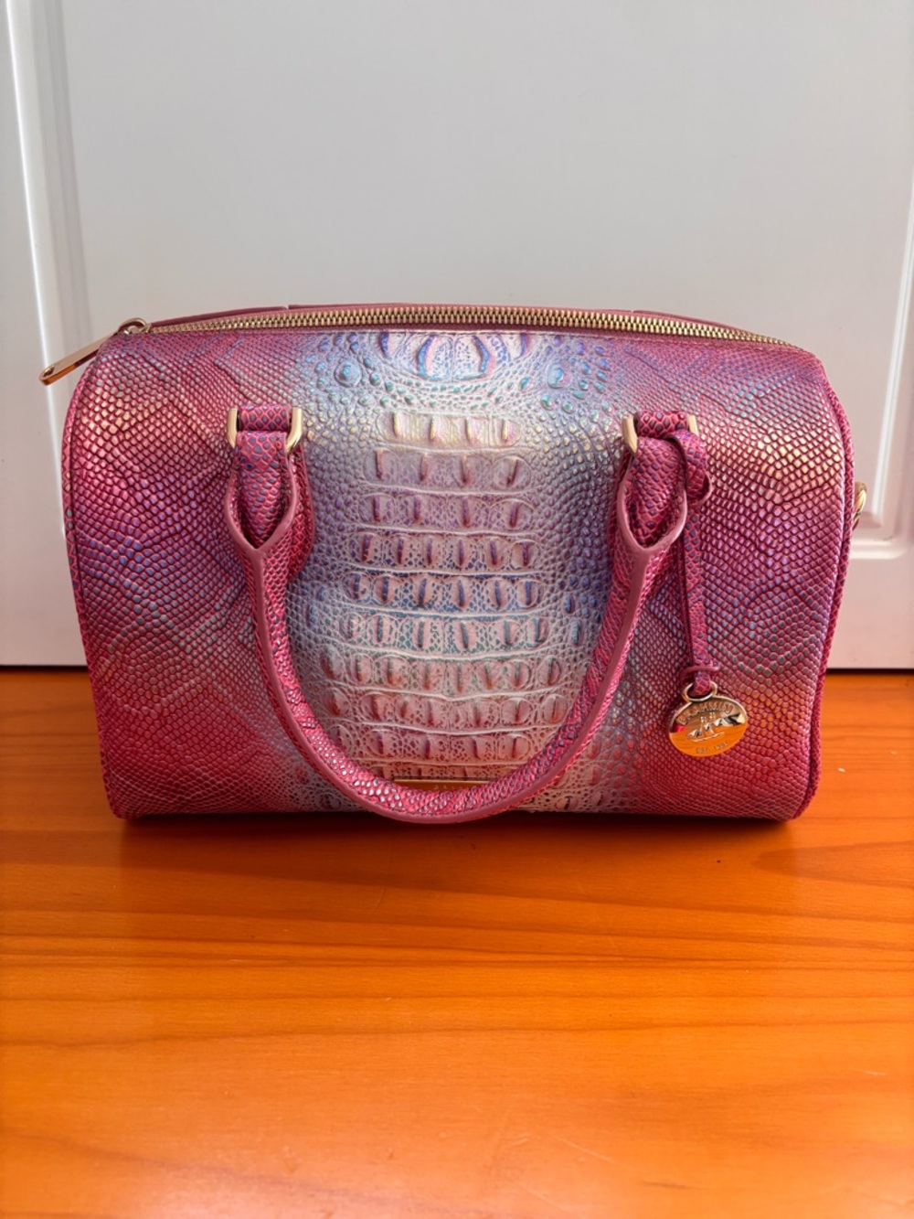 Brahmin Iridescent Pink Croc-Embossed Satchel